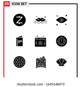 9 General Icons for website design print and mobile apps. 9 Glyph Symbols Signs Isolated on White Background. 9 Icon Pack.