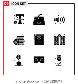 9 General Icons for website design print and mobile apps. 9 Glyph Symbols Signs Isolated on White Background. 9 Icon Pack.