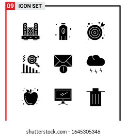 9 Iconos generales para diseño de sitios web, aplicaciones impresas y móviles. 9 Símbolos de glifo Señales aisladas en fondo blanco. Paquete de 9 iconos.