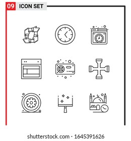 9 General Icons for website design print and mobile apps. 9 Outline Symbols Signs Isolated on White Background. 9 Icon Pack.