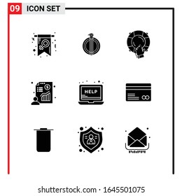 9 General Icons for website design print and mobile apps. 9 Glyph Symbols Signs Isolated on White Background. 9 Icon Pack.