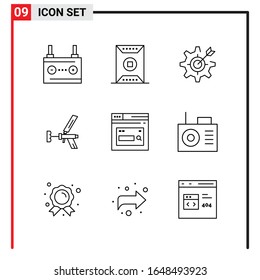 9 General Icons for website design print and mobile apps. 9 Outline Symbols Signs Isolated on White Background. 9 Icon Pack.