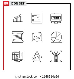 9 General Icons for website design print and mobile apps. 9 Outline Symbols Signs Isolated on White Background. 9 Icon Pack.