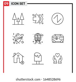 9 Iconos generales para diseño de sitios web, aplicaciones impresas y móviles. 9 Señales de símbolos de esquema aisladas en fondo blanco. Paquete de 9 iconos.