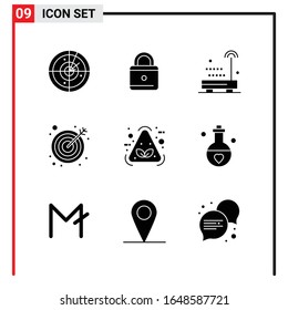 9 Iconos generales para diseño de sitios web, aplicaciones impresas y móviles. 9 Símbolos de glifo Señales aisladas en fondo blanco. Paquete de 9 iconos.