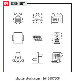 9 Iconos generales para diseño de sitios web, aplicaciones impresas y móviles. 9 Señales de símbolos de esquema aisladas en fondo blanco. Paquete de 9 iconos.