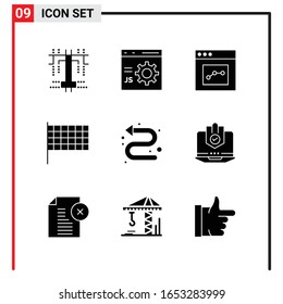 9 Allgemeine Symbole für Webdesign-Druck und mobile Apps. 9 Symbole der Glyphe einzeln auf weißem Hintergrund. 9 Icon Pack.