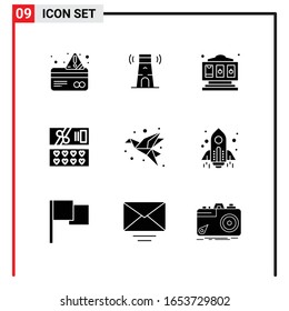 9 Iconos generales para diseño de sitios web, aplicaciones impresas y móviles. 9 Símbolos de glifo Señales aisladas en fondo blanco. Paquete de 9 iconos.