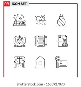 9 Iconos generales para diseño de sitios web, aplicaciones impresas y móviles. 9 Señales de símbolos de esquema aisladas en fondo blanco. Paquete de 9 iconos.