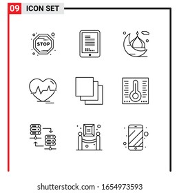 9 Iconos generales para diseño de sitios web, aplicaciones impresas y móviles. 9 Señales de símbolos de esquema aisladas en fondo blanco. Paquete de 9 iconos.