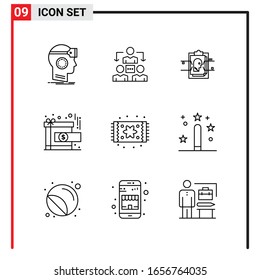 9 Iconos generales para diseño de sitios web, aplicaciones impresas y móviles. 9 Señales de símbolos de esquema aisladas en fondo blanco. Paquete de 9 iconos.