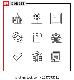 9 Iconos generales para diseño de sitios web, aplicaciones impresas y móviles. 9 Señales de símbolos de esquema aisladas en fondo blanco. Paquete de 9 iconos.