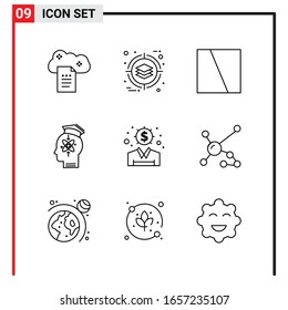 9 Iconos generales para diseño de sitios web, aplicaciones impresas y móviles. 9 Señales de símbolos de esquema aisladas en fondo blanco. Paquete de 9 iconos.