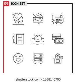9 Iconos generales para diseño de sitios web, aplicaciones impresas y móviles. 9 Señales de símbolos de esquema aisladas en fondo blanco. Paquete de 9 iconos.