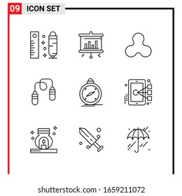 9 Iconos generales para diseño de sitios web, aplicaciones impresas y móviles. 9 Señales de símbolos de esquema aisladas en fondo blanco. Paquete de 9 iconos.