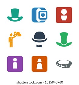 9 gentleman icons. Trendy gentleman icons white background. Included filled icons such as belt, man WC, woman WC, hat, hat and moustache, man. gentleman icon for web and mobile.