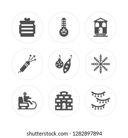9 Gift, Thermometer, Sled, Snowflake, Bauble, Chalet, Fireworks, Igloo modern icons on round shapes, vector illustration, eps10, trendy icon set.