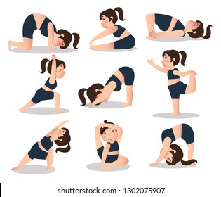 9 Girl characters in yoga work out theme on white background. Suitable for health and wellness idea concept.