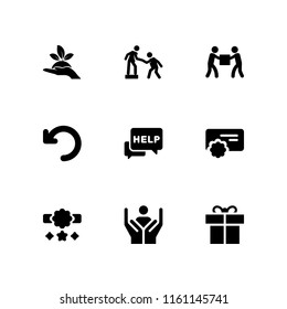 9 giving icons in vector set. plant on a hand, reward, gift and help illustration for web and graphic design