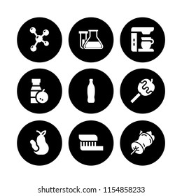 9 glass icons in vector set. soda, orange juice, sweet and test tube and flask for chemistry class illustration for web and graphic design