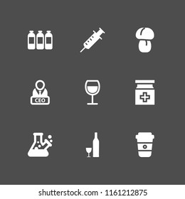 9 glass icons in vector set. lab, ceo, food and restaurant and syringe illustration for web and graphic design