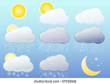 9 glossy icons representing  different weather symbol: sun, clouds, rain, storm, snow, night, gradient only, no transparencies. Illustrator 8 compatible EPS.