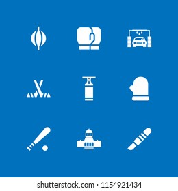 9 glove icons in vector set. boxing gloves, baseball bat, cleaning and boxing bag illustration for web and graphic design