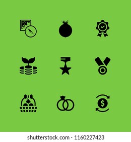 9 gold icons in vector set. dollar symbol, chinese new year, investment and wedding rings couple illustration for web and graphic design