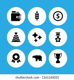 9 gold icons in vector set. coin, wallet, shine and cake illustration for web and graphic design