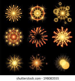 9 golden fireworks over black background