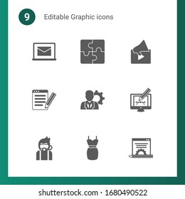 9 iconos gráficos rellenos establecidos aislados en . Iconos con biblioteca en línea, Puzzle, Video marketing, copyright SEO, manager, Webdesign, Diving, dress, dress, Blog management iconos.