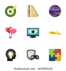 9 graphic flat icons set isolated on white background. Icons set with Target keywords, sandwich, planet, balloons, Computer Vision, woman hat, Creative people, game clan icons.