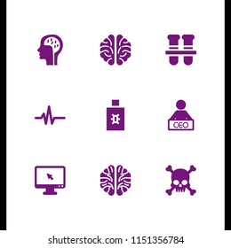 9 graphic icons in vector set. pulse line, human skull with crossed bones silhouette, enterprise and brain illustration for web and graphic design