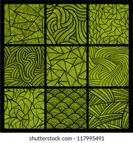 9 green ornamental seamless vector patterns.