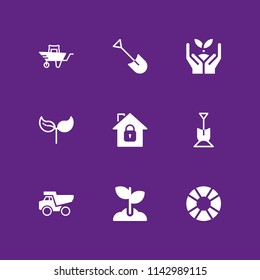 9 ground icon set with dumper, wheelbarrow and sprout vector illustration for graphic design and web