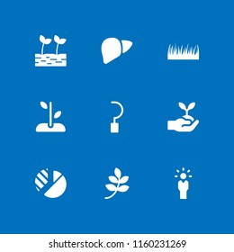9 growth icons in vector set. pie chart, sprout, agriculture and branch with leaves black shape illustration for web and graphic design