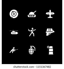 9 gun icons in vector set. war tank, submarine, war and water gun illustration for web and graphic design