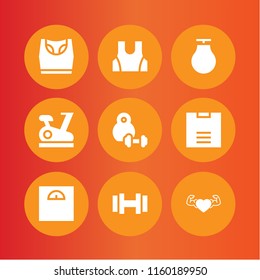 9 gym icons in vector set. dumbbell, punching ball, dumbell and weight illustration for web and graphic design