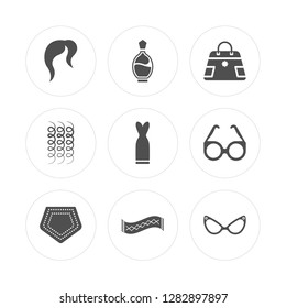 9 Hair wig, Bottle of perfume, Pocket, Glasses, Long dress, Handbag female, Curling hair, Scarf modern icons on round shapes, vector illustration, eps10, trendy icon set.