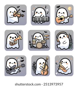 9 Halloween stickers with funny musical baby ghosts