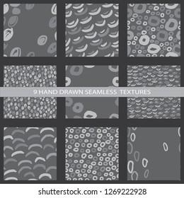 9 hand drawn abstract textures in grey style. Universal design for wrapping, flyers, cards, branding and digital scrapbooking.