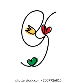 9 Hand drawn number with colorful hearts and tulip One continuous line. Springtime lettering nine