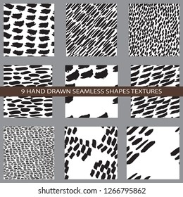 9 Hand drawn shapes textures. Universal design for flyers, wrapping, visit cards, packaging and cards