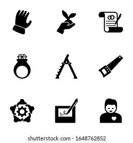 9 hand filled icons set isolated on white background. Icons set with Garden gloves, Gardening, mariage contract, handmade Jewelry, stepladder, Hand saw, teamwork, electronic signature icons.