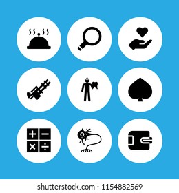 9 hand icons in vector set. search, charity, sings and spades illustration for web and graphic design