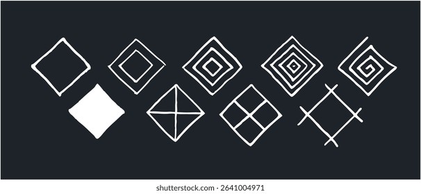 9 Hand-drawn White Ink Sideways Square Box Icon Bundle. Diamond-shaped. Some are like Aztec or Inca decorations, some are just a checkbox filled in or not.