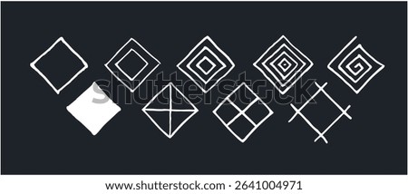 9 Hand-drawn White Ink Sideways Square Box Icon Bundle. Diamond-shaped. Some are like Aztec or Inca decorations, some are just a checkbox filled in or not.