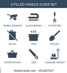 9 handle icons. Trendy handle icons white background. Included filled icons such as wheel barrow, clean brush, pitchfork, no oil, pan, shovel. handle icon for web and mobile.
