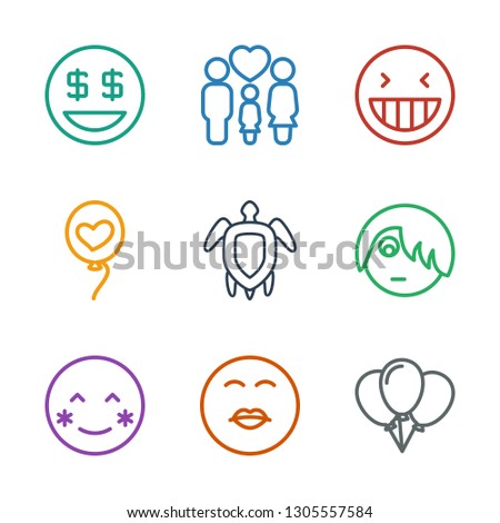 9 happy icons. Trendy happy icons white background. Included outline icons such as balloon, kiss emot, blush, emo emot, turtle, heart baloons, laughing emot. happy icon for web and mobile.