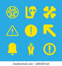 9 hazard icons with upper left arrow and gas mask in this set